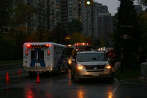 car accident in Chicago, IL with ambulance and wrecked cars.